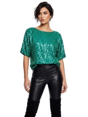 Vintage Gunit Fasions NY Green Sequin Silk Blouse Top Size Medium